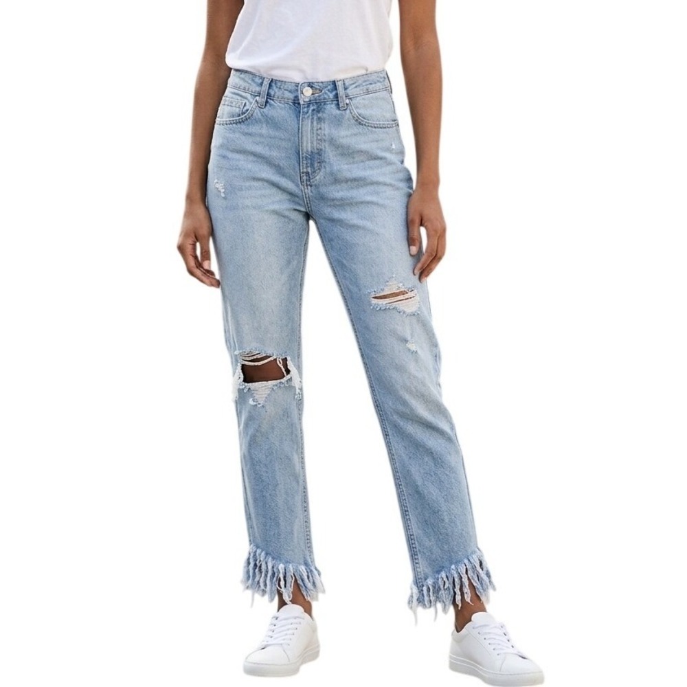 We The Free Distressed Jeans 30 Light Wash Fringe Raw Hem Boho Free People